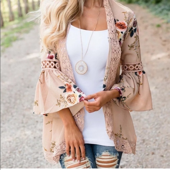 Other - TAN FLORAL KIMONO BELL SLEEVES LACE CROCHET ACCENT COVER UP